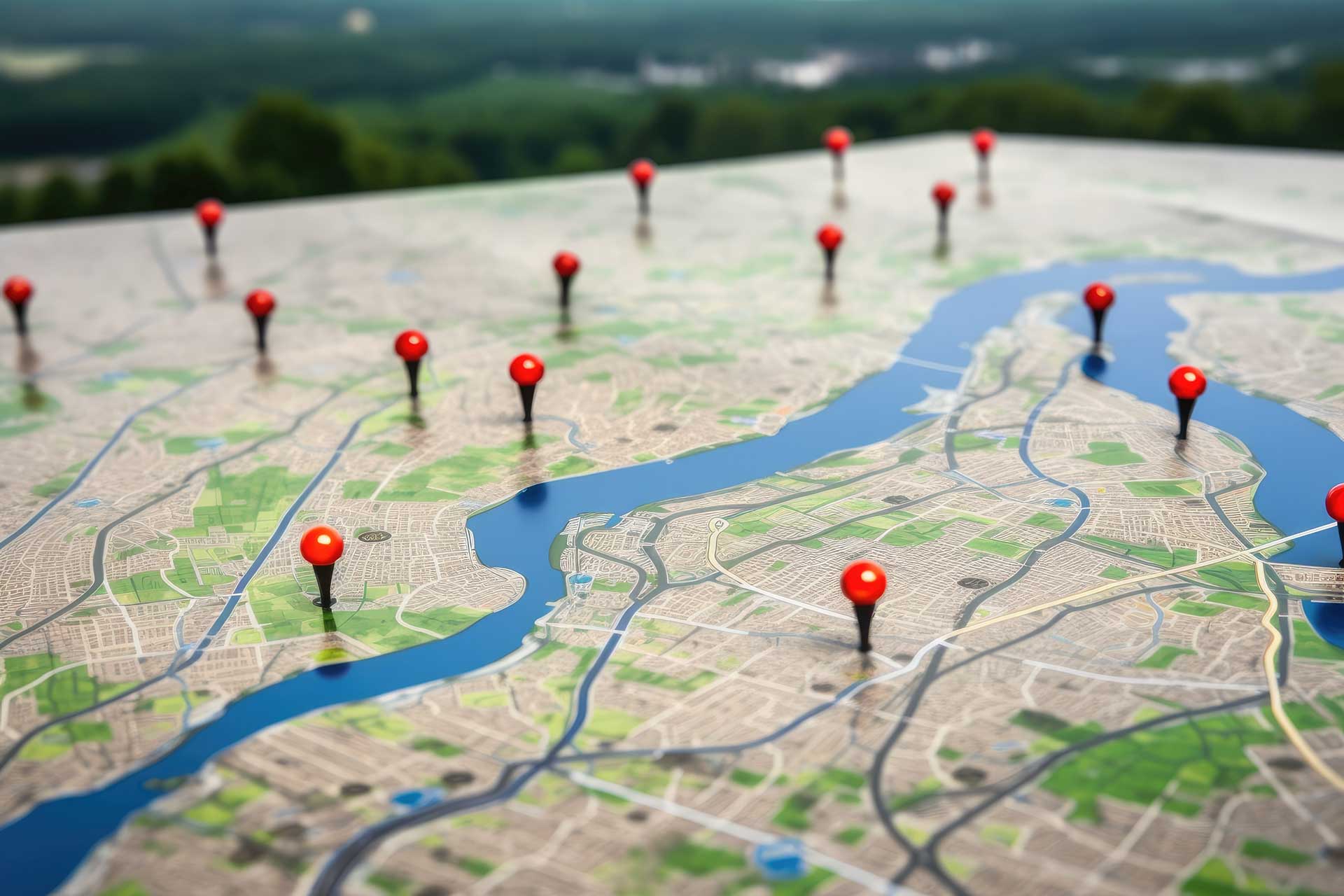 map with multiple red pins indicating locations in the city. Generative AI